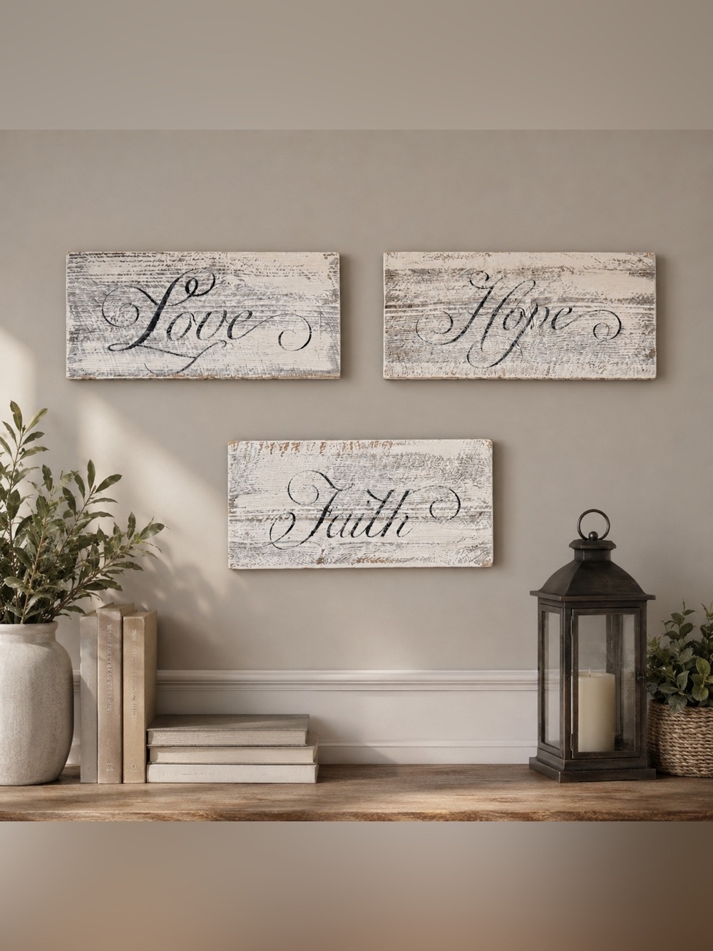 Rustic Farmhouse “Love Hope Faith” Wood Wall Sign Set Cottagecore Decor
